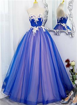 Picture of Unique Blue and Pink Formal Gown with Lace, Sweetheart Blue Floor Length Prom Dresses
